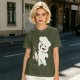 Olive T-Shirt With Angry Fluffy White Creature Swatting At Bee Print