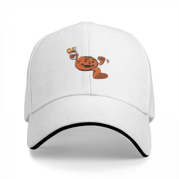 Black baseball cap with dancing pumpkin holding a fall drink design