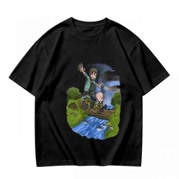 Olive T-shirt with Cartoon Boys Balancing on Log Over Stream
