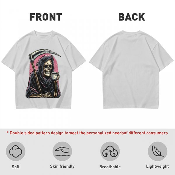 Olive T-Shirt Featuring Grim Reaper Holding Coffee and Scythe
