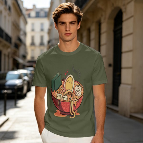 Olive T-Shirt With Cute Ramen Bowl Graphic Print