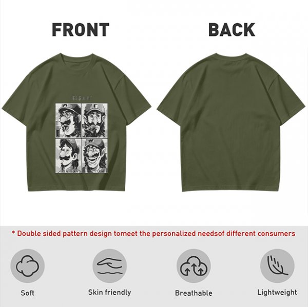 Olive T-Shirt with Retro Mario Brother Character Grid Art