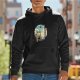 Black hoodie with witch and black cat town scene graphic