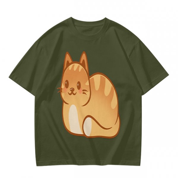 Olive Green T-Shirt With Cute Orange Tabby Cat Graphic