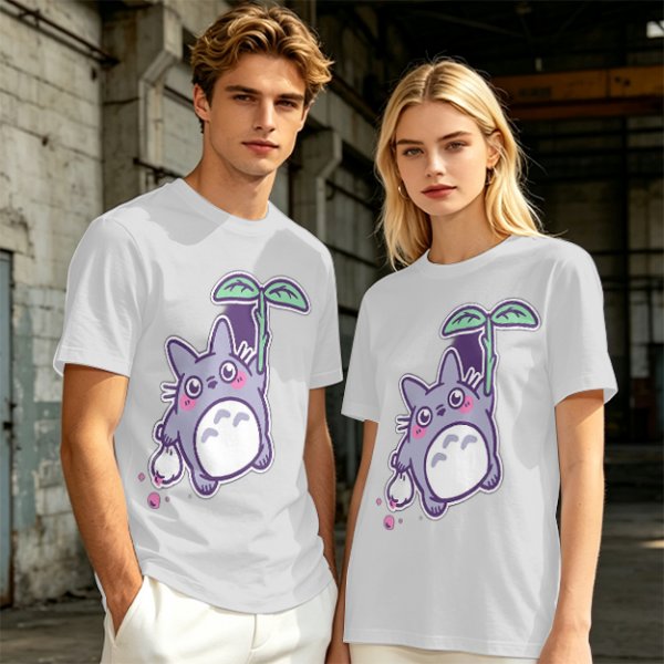 Olive T-Shirt With Cute Chibi Totoro Holding Leaf Print