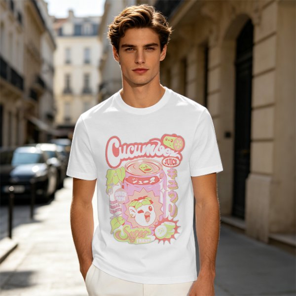 Olive green graphic t-shirt with cucumber juice themed print