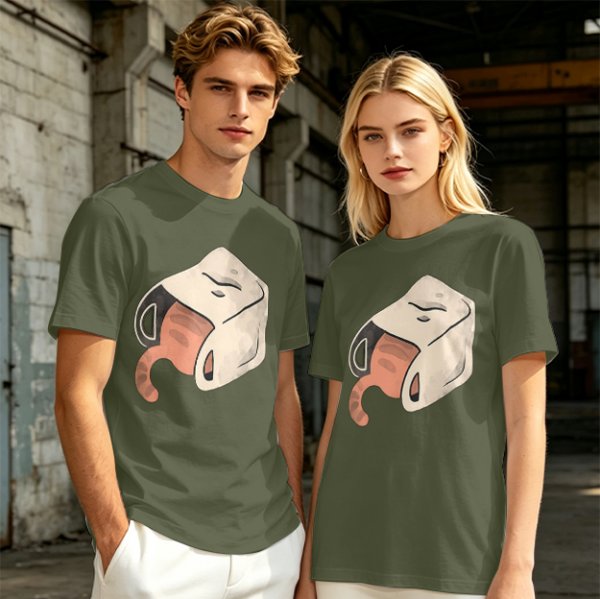 Olive T-Shirt With Whimsical Cat Mug Graphic Print