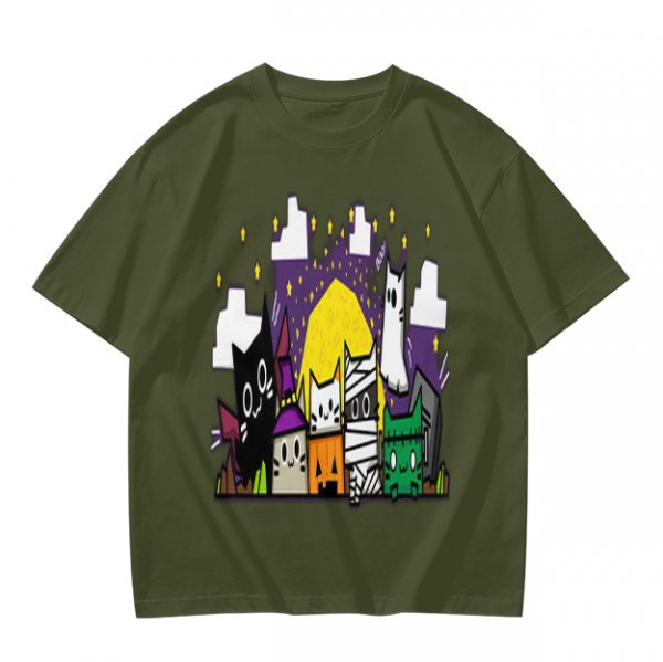 Olive T-Shirt With Halloween Themed Cute Cat Characters Print