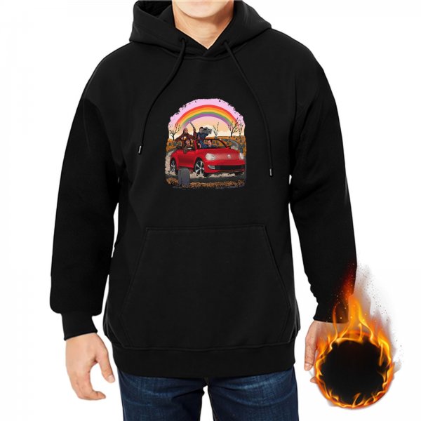 Black hoodie with red convertible car and rainbow graphic print