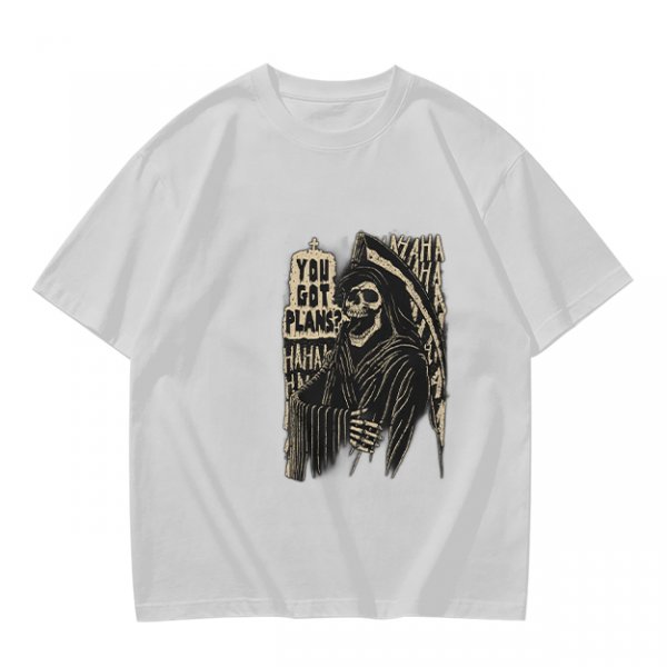 Olive graphic t-shirt with grim reaper and 'You Got Plans?' print
