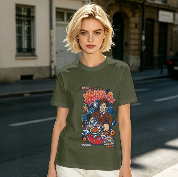 Olive green t-shirt with Doctor Who themed Whovio's cereal graphic