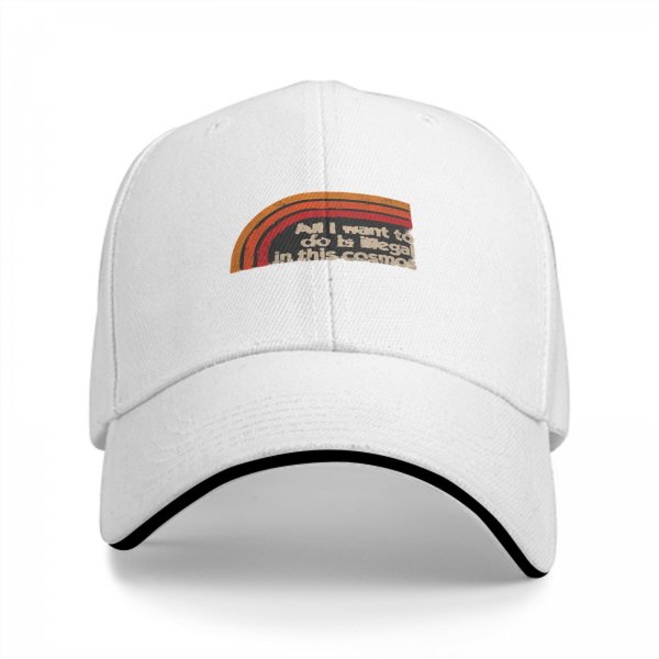 Black baseball cap with retro rainbow and 'All I want to do is illegal in this cosmos' text