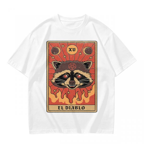 Olive T-Shirt With Raccoon El Diablo Tarot Card Print