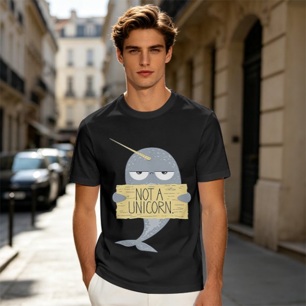 Olive T-Shirt With Grumpy Narwhal Holding Not A Unicorn Sign