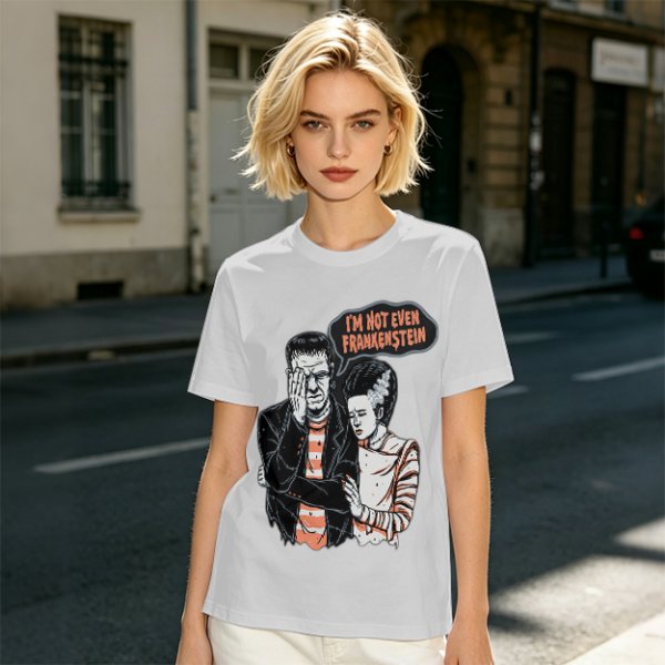Olive T-shirt with Frankenstein and Bride 'I'm Not Even Frankenstein' Print
