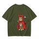 Olive T-shirt with a tabby cat in a devil hood and skull cat graphic