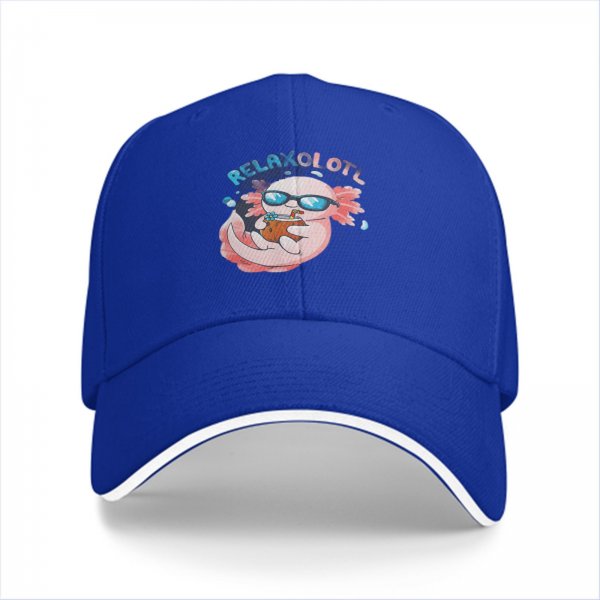 Black baseball cap with a relaxed axolotl graphic and 'RELAXOLOTL' text