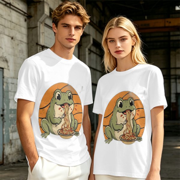 Olive Green T-Shirt Featuring a Frog Eating Spaghetti Graphic