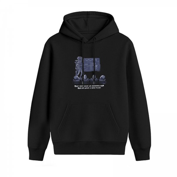 Black hoodie with alien presentation graphic and motivational text