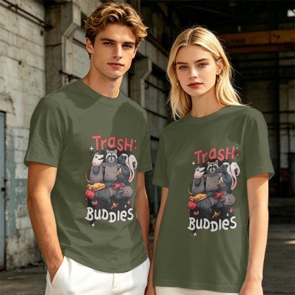 Olive green t-shirt with Trash Buddies raccoon possum and skunk graphic