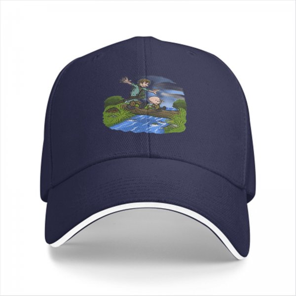 Black Baseball Cap With Cartoon Boys Crossing Stream Artwork