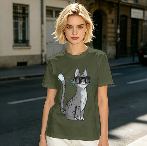 Olive T-Shirt With Cool Gray Cat Wearing Sunglasses Print