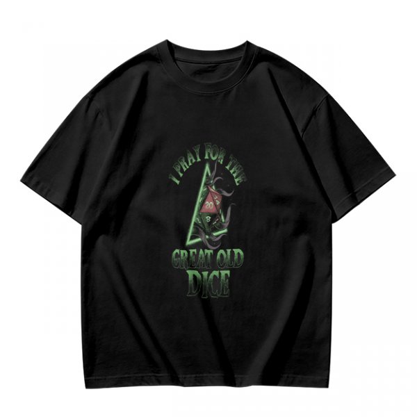 Olive t-shirt with 'Pray for the Great Old Dice' cosmic horror print