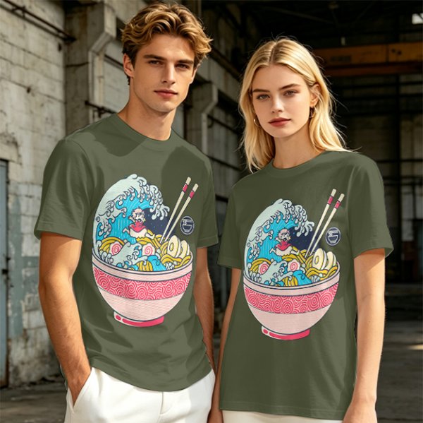 Olive T-shirt with Great Wave Ramen Bowl Graphic Design