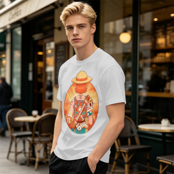 Olive T-Shirt Featuring Anime Character With Straw Hat Back View