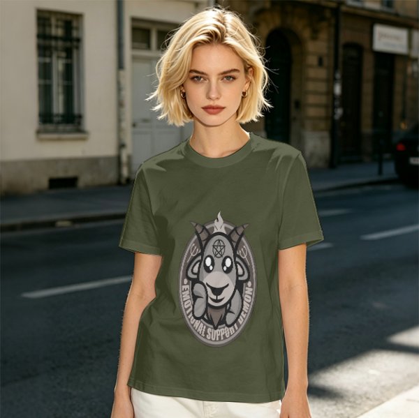 Olive T-Shirt With Cute Emotional Support Demon Goat Graphic