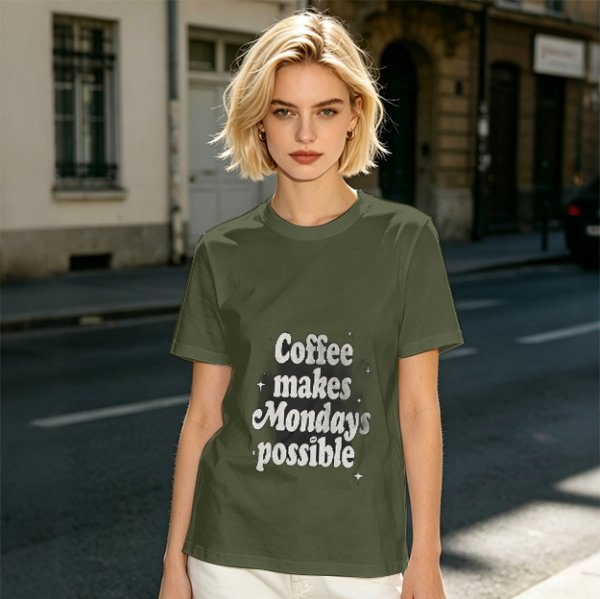 Olive green t-shirt with 'Coffee makes Mondays possible' print