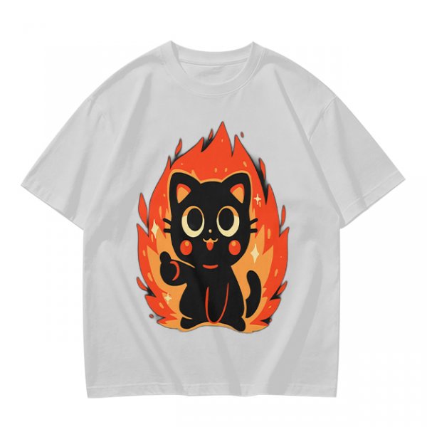 Olive T-Shirt With Cute Black Cat Thumbs Up On Flames Graphic