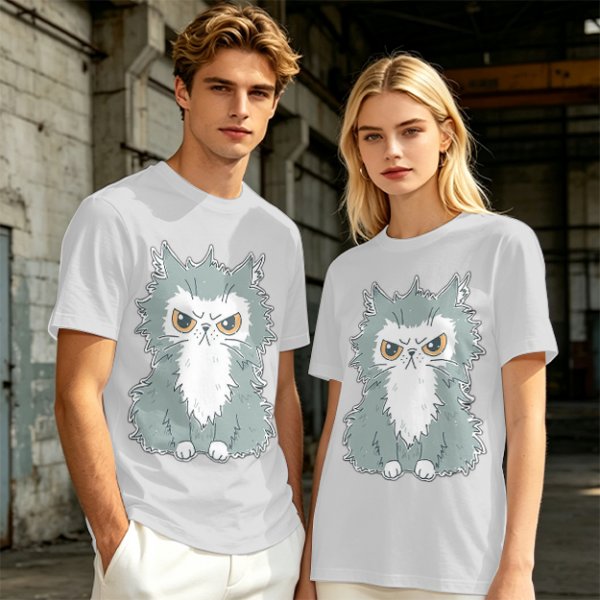 Olive T-shirt with Grumpy Fluffy Gray Cat Graphic Print