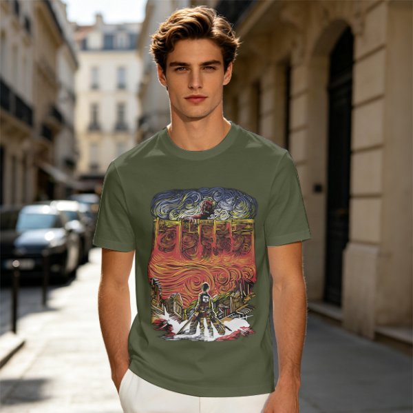 Olive T-shirt with Artistic Swirling Scene Print Featuring a Silhouetted Figure