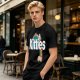 Olive Green T-Shirt With Kitties Rainbow Graphic Design
