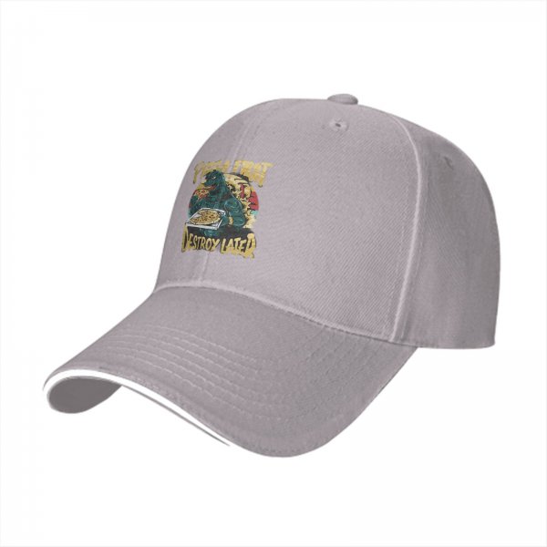 Black baseball cap with pizza first destroy later godzilla graphic
