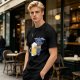 Olive T-Shirt With Cute Blue Goat Holding Foamy Beer Mug Print