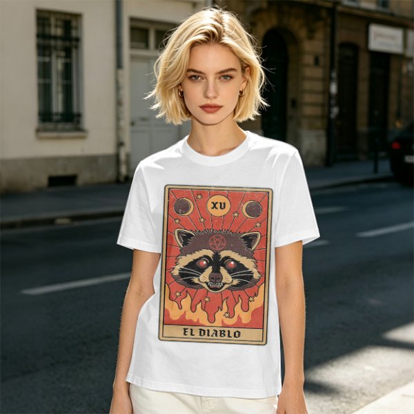 Olive T-Shirt With Raccoon El Diablo Tarot Card Print
