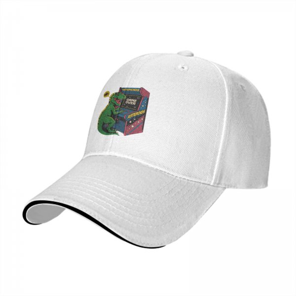 Black Baseball Cap with T-Rex Playing Asteroids Arcade Game Over Print