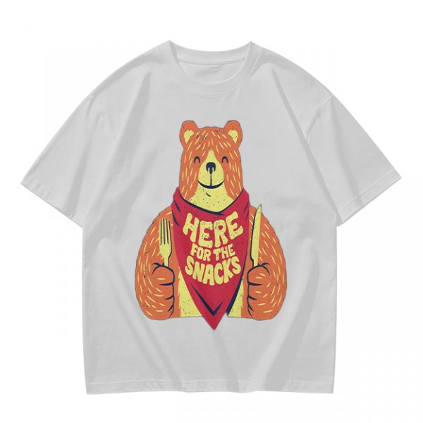 Olive T-Shirt With Happy Bear Holding Fork And Knife Here For Snacks Print