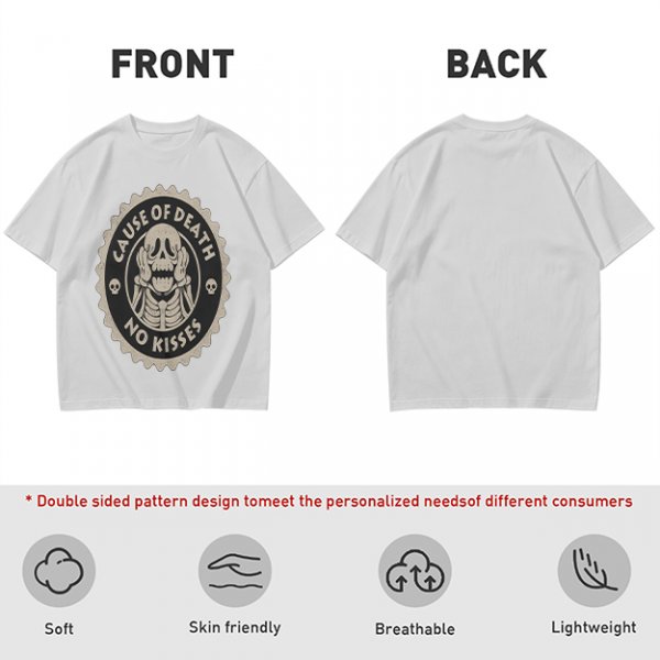 Olive T-shirt with 'Cause of Death No Kisses' Skeleton Graphic