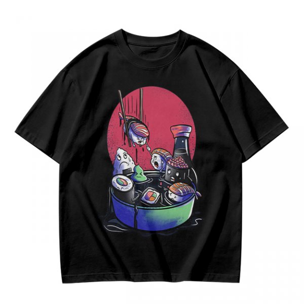 Olive T-Shirt With Anxious Sushi Characters In Soy Sauce Bowl Print