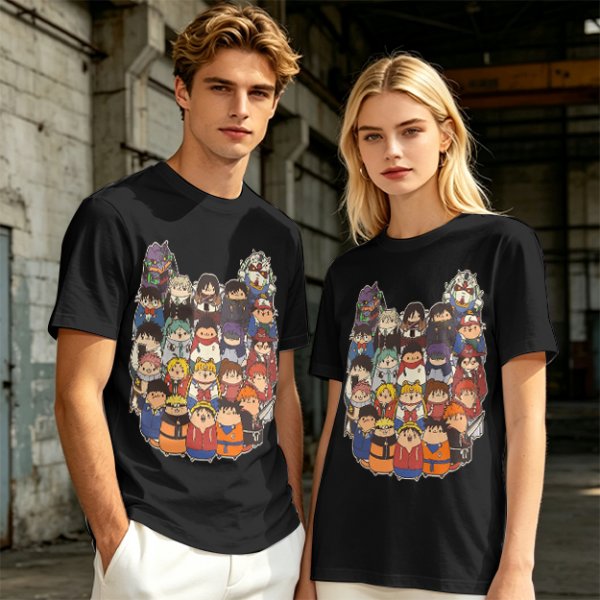 Olive T-shirt with cute chibi anime character group print
