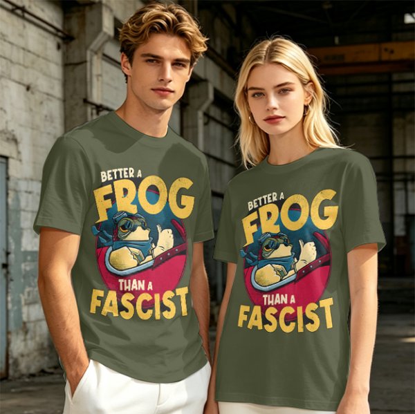 Olive graphic t-shirt with 'Better a Frog Than a Fascist' pilot frog design