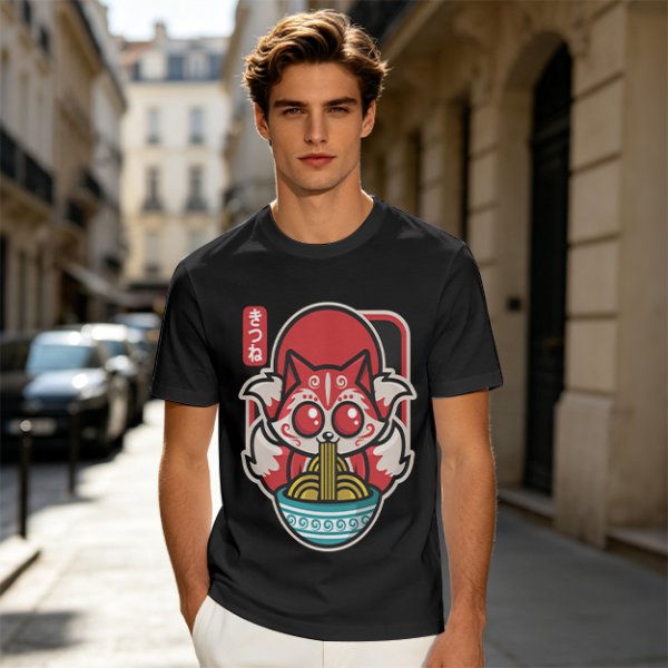 Olive t-shirt with cute kitsune fox eating ramen graphic