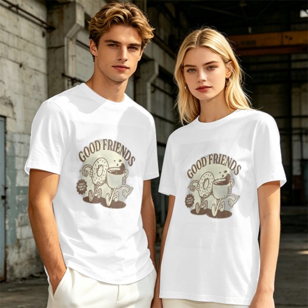 Olive green graphic t-shirt with good friends donut and coffee print