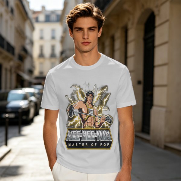 Olive T-shirt with Hee-Hee-Man Master of Pop Lifting Barbell Graphic