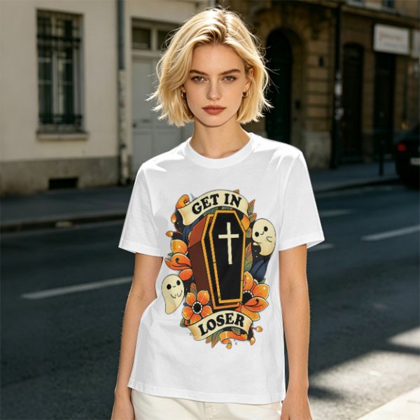 Olive Halloween T-Shirt with Get In Loser Coffin Ghost Floral Art
