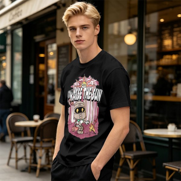 Olive t-shirt with cartoon knight 'Praise the Sun' graphic