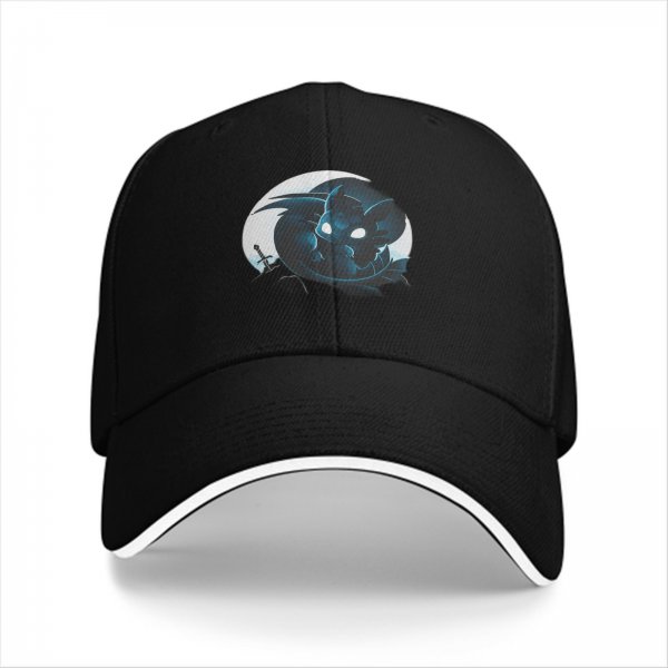 Black Baseball Cap With Glowing Blue Dragon And Sword Print